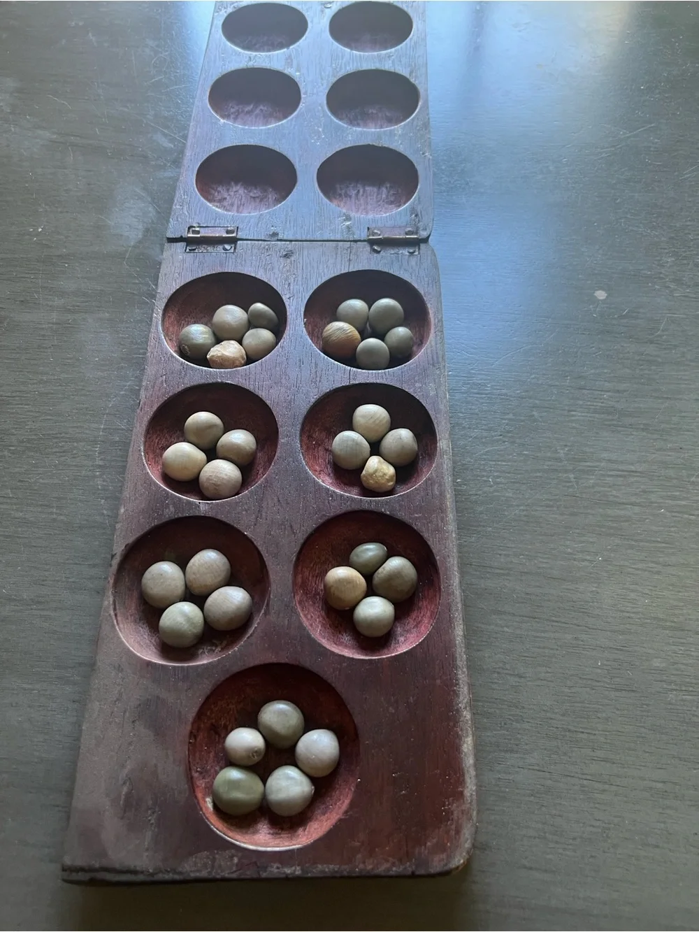 Vintage Hand Carved Wood Oware Mancala Board Game Folding Box W/ Bonduc Seeds